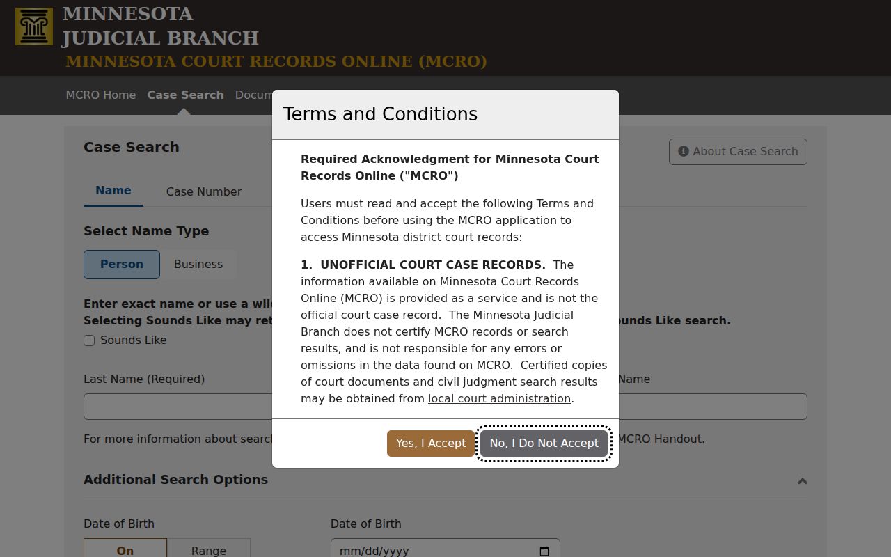 Hubbard County warrant check using the Minnesota court case search interface