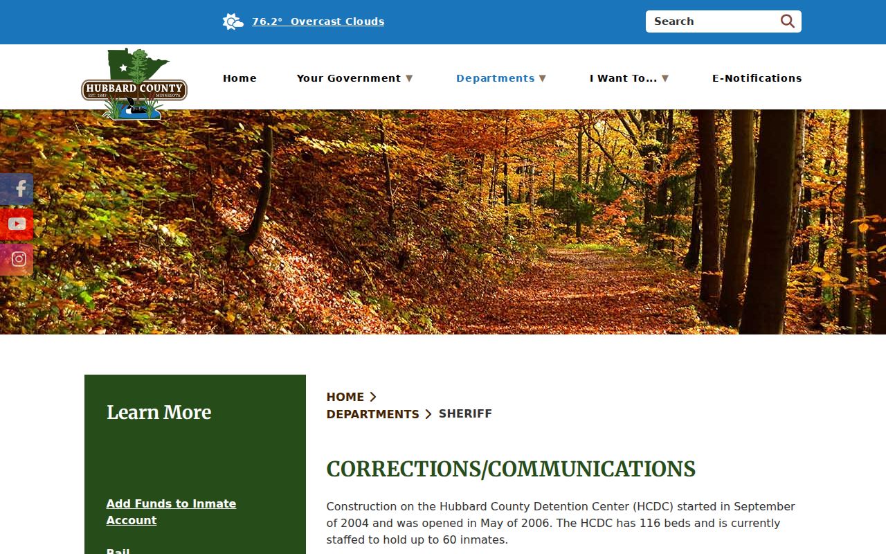 Hubbard County corrections page with jail booking contacts for arrest warrant custody questions