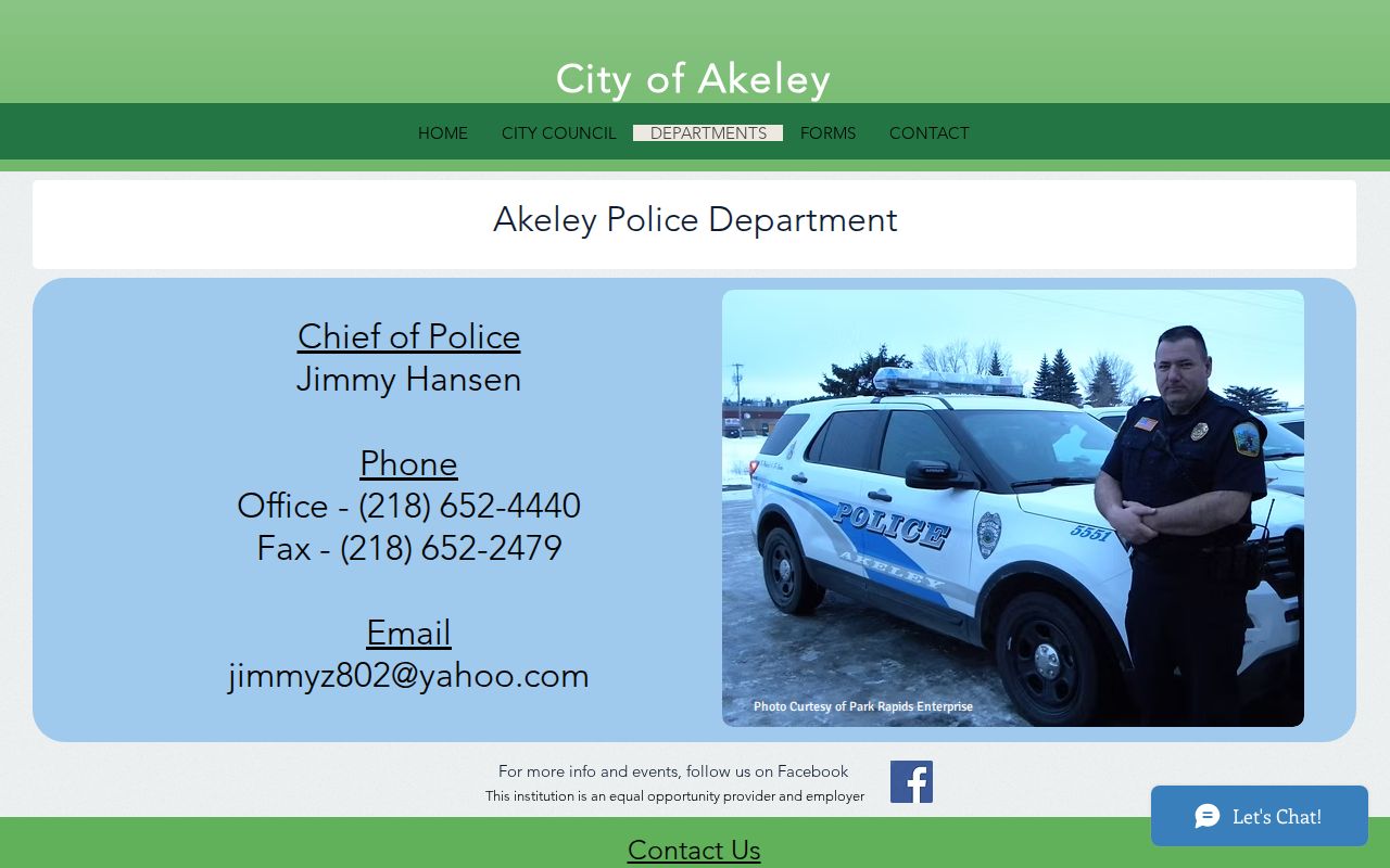 Akeley police page contact block for Hubbard County city court warrant questions