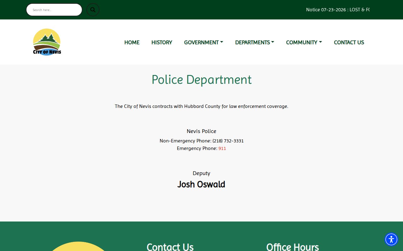 Nevis police page showing the Hubbard County law enforcement contract