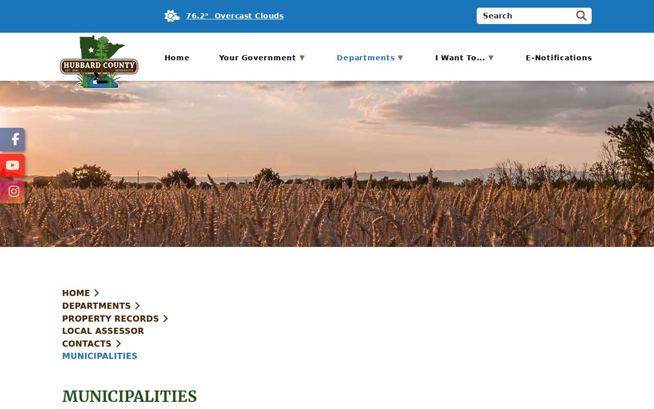 Hubbard County municipalities page listing Nevis and county warrant contact routes