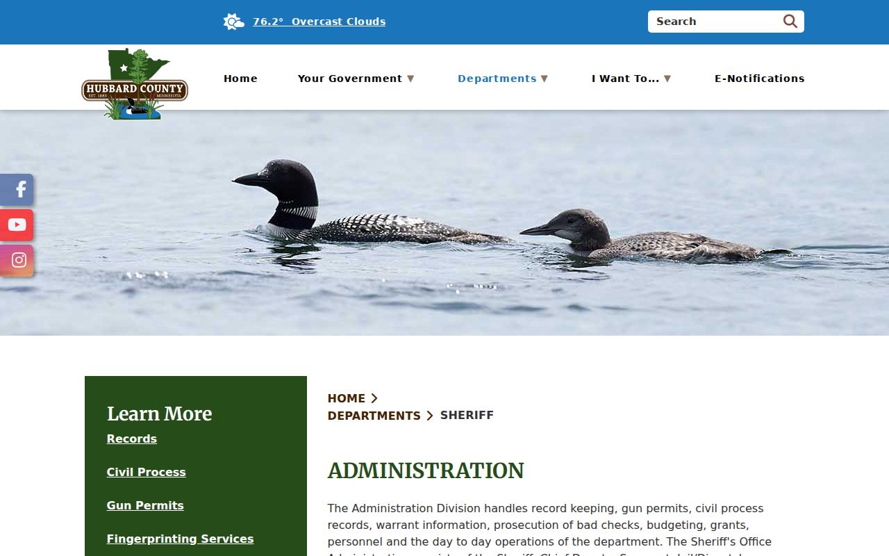 Hubbard County sheriff administration page listing warrant information duties