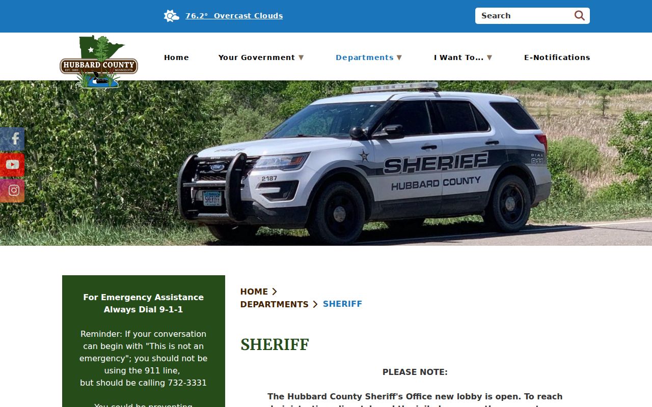 Hubbard County sheriff overview page describing warrant service and the Law Enforcement Center
